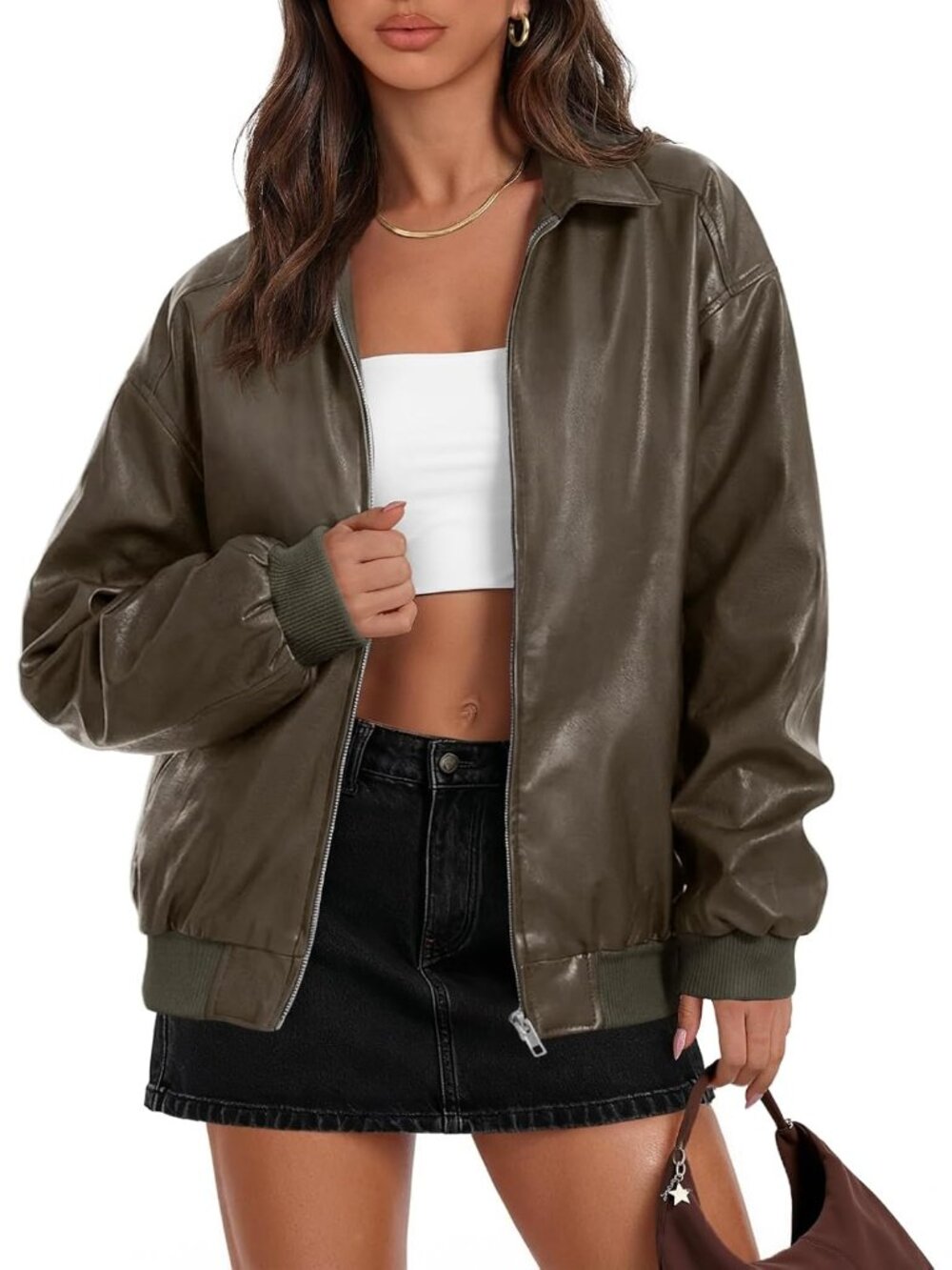 Women's Green Fall Winter Oversized Faux Leather Bomber Jacket Coat Long Sleeve